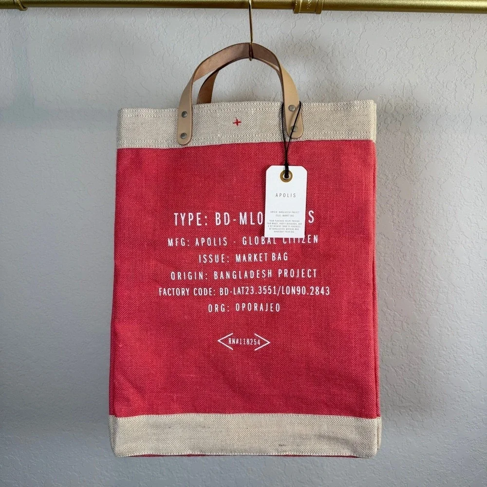 Apolis Red Jute Market Bag Apparently I Like Mahjong Leather Handle Tote NWT